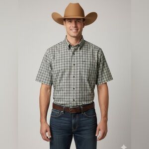 Ariat Men's Green and White Plaid Button Down Shirt Size L